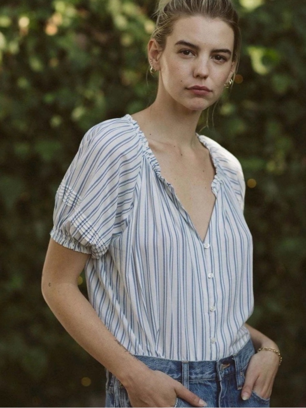 Trovata Blue & White Striped Button-Front Blouse